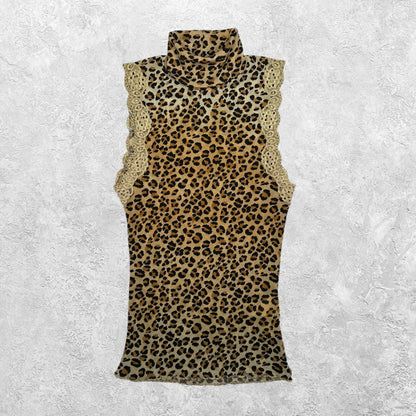 Morgan De Toi Mesh Cheetah Turtleneck Top