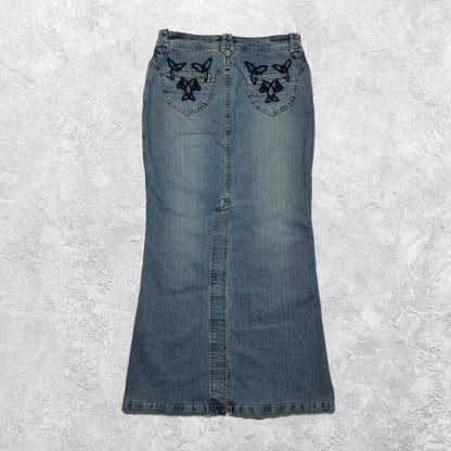 Armor Jeans Embroidered Lace Up Denim Maxi Skirt