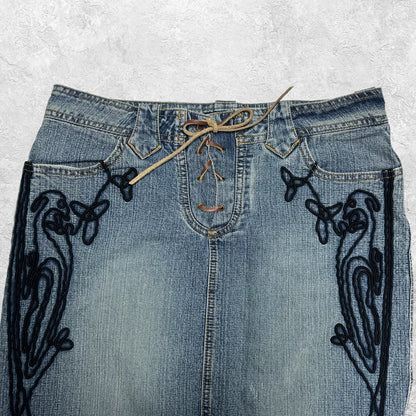 Armor Jeans Embroidered Lace Up Denim Maxi Skirt