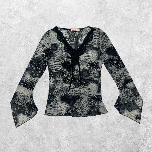 Max-w Floral Mesh Flared Long Sleeve Top