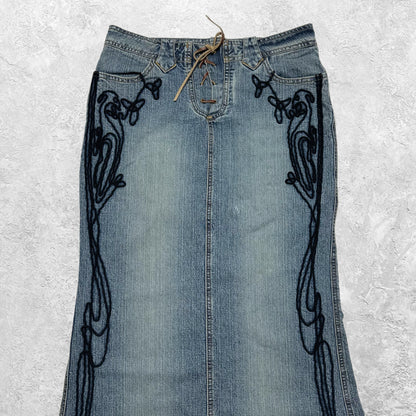 Armor Jeans Embroidered Lace Up Denim Maxi Skirt