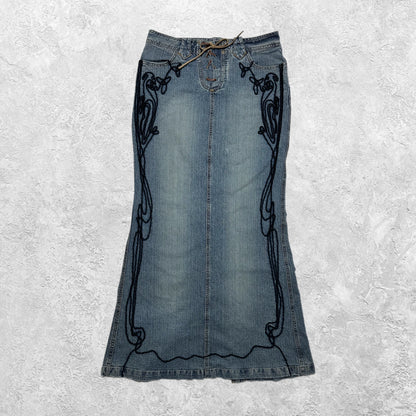 Armor Jeans Embroidered Lace Up Denim Maxi Skirt