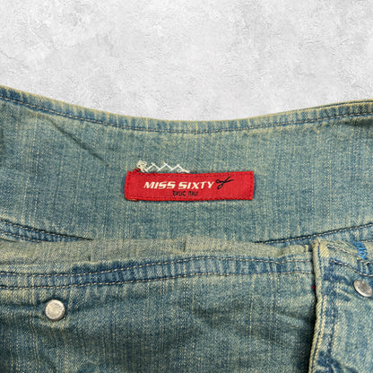 Miss Sixty Washed Denim Pleated Mini Skirt
